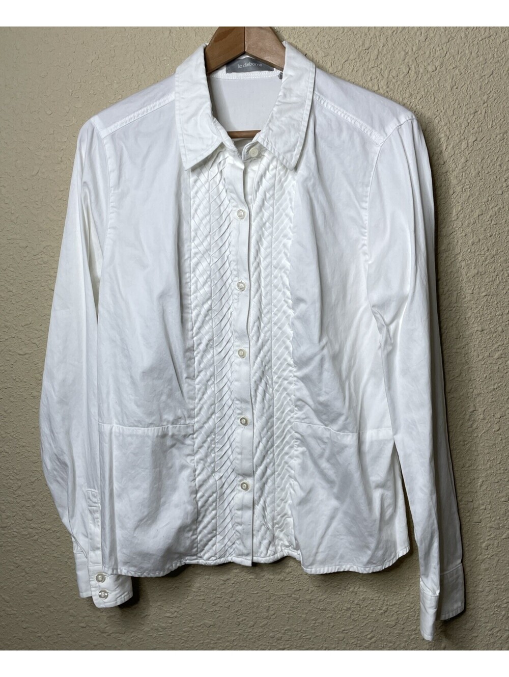 Liz Claiborne Button Up Long Sleeve Blouse Pin-tuck Front White Cotton Size XL